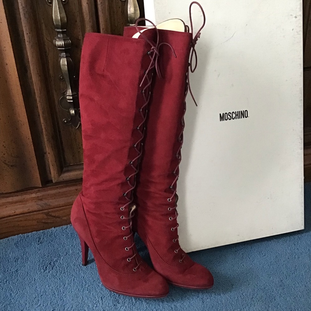 Moschino wine red burgundy lace up suede boots 7-8